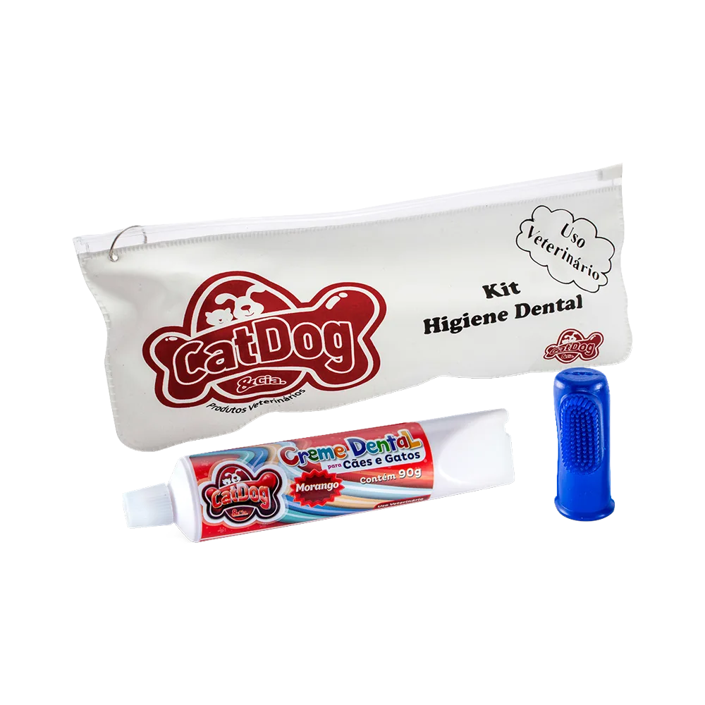Pack Pasta Dental y Cepillo de Dedo de marca CatDog, es un estuche blanco que con letras negras "Kit Higiene Dental, Usu veterinario" atrás de un tubo de pasta dental blanco con etiqueta rosa ya que es sabor fresa y al frente tiene un cepillo de dientes de dedo de goma color azul 