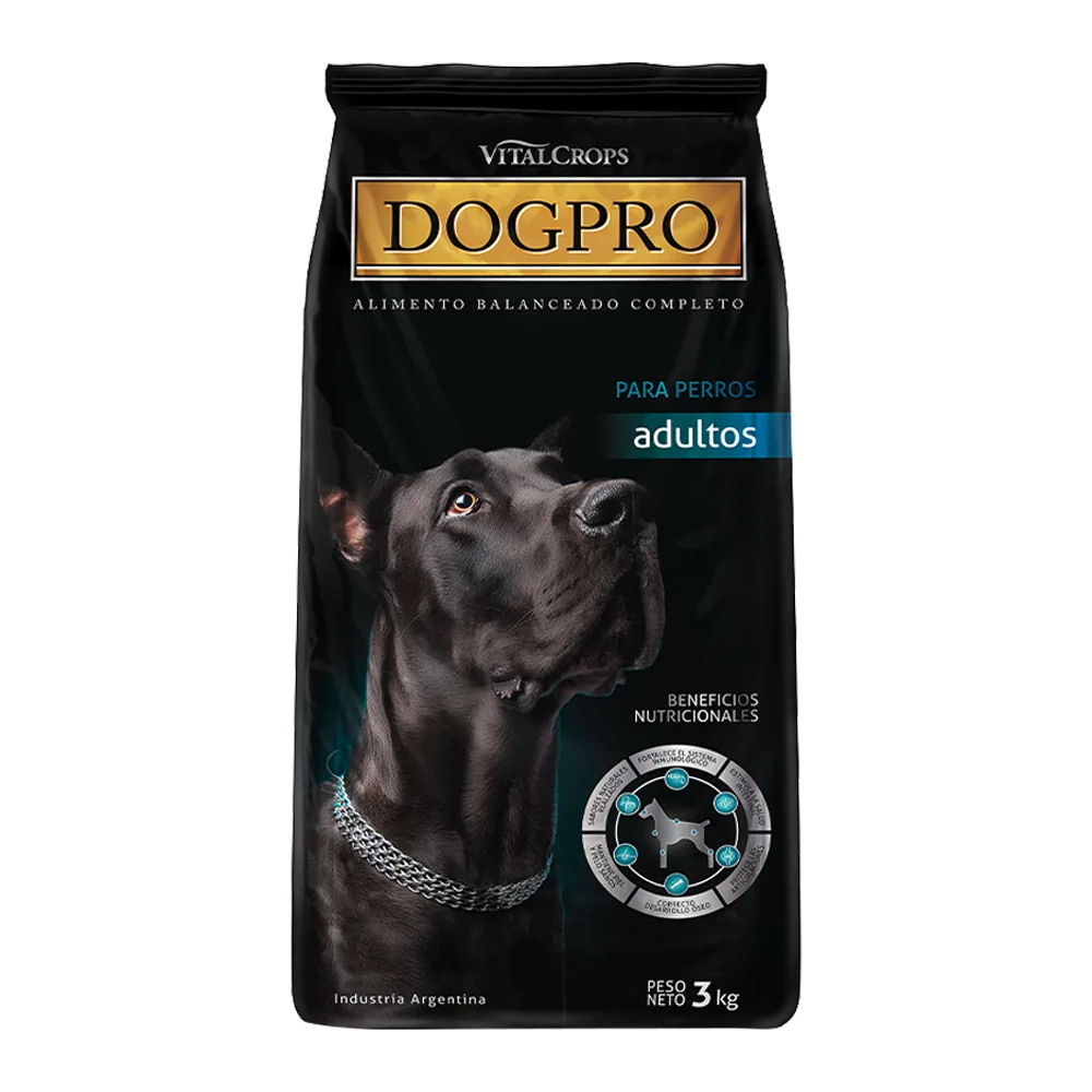 Bolsa negra de 3 kg de alimento DogPro para perros adultos de toda raza, tiene detalles dorados y calipso y un perro gran danés negro en el frente