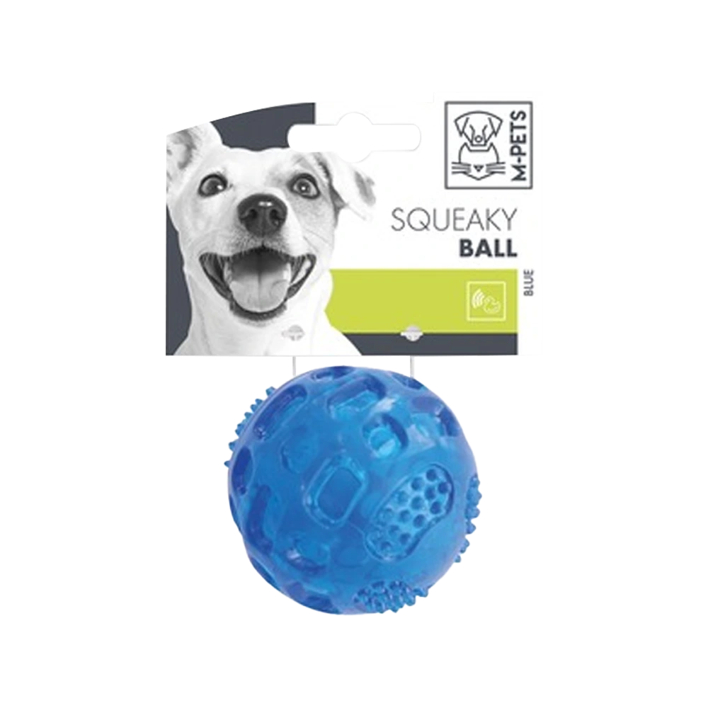 Juguete para perros Pelota Para Perros Squeaky Talla S en su presentación color azul, es de goma termoplástica y al presionarla chilla.