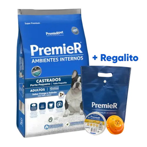 Bolsa azul con detalles blancos del alimento PremieRpet Adulto Raza Pequeña Castrado Pollo y Salmón para perros de talla pequeña que viven en interiores y han sido castrados, tiene un perro bulldog frances blanco con negro en la portada.