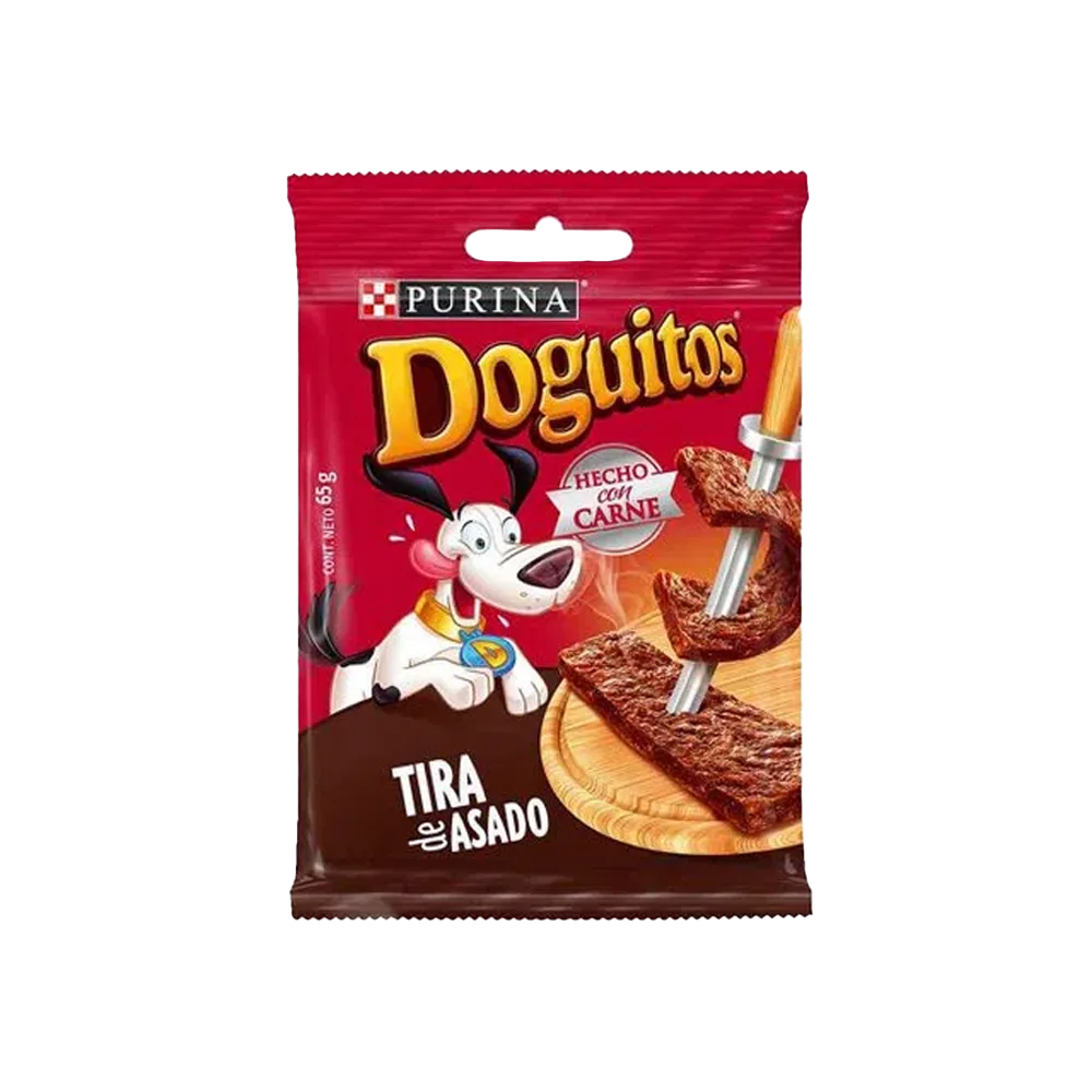 Bolsa color rojo con detalles marrones de Doguitos Tira de Asado: Snacks para perro con delicioso sabor a carne. 
