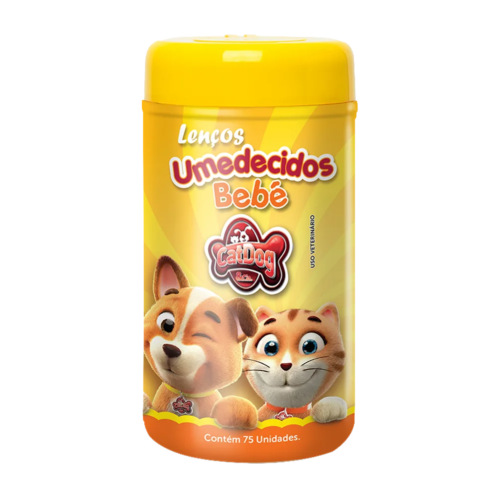 Frasco cilindrico color amarillo de Paños Húmedos de limpieza para perros y gatos de la marca CatDog en aroma bebé