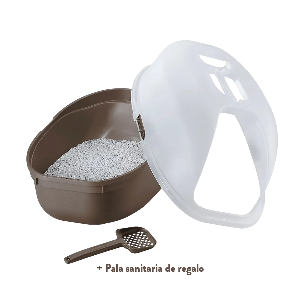 Imagen de Arenero Para Gatos Rimax mostrando todas sus partes: cubierta transparente separada, bandeja color mocca con arena y pala de regalo color mocca