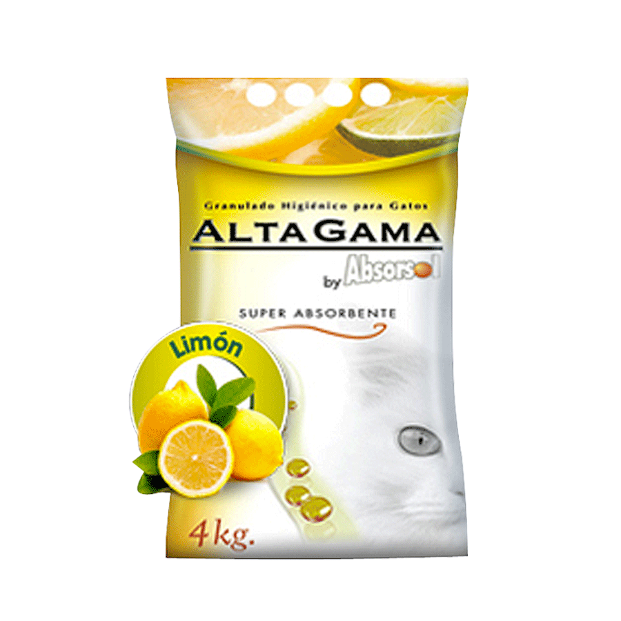 Bolsa de arena sanitaria alta gama con fragancia a limón en su presentación de 3,6kg. Es de color blanco con detalles amarillos destacando la fragancia con la figura de varios limones