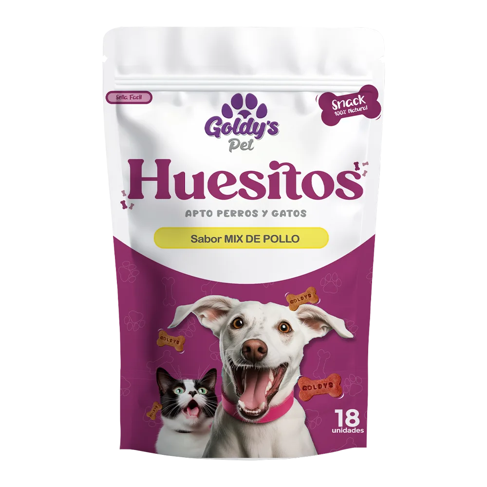 Empaque blanco con detalles guindos del snack Goldy's Pet con forma de Huesitos. Este sabor es el mix de pollo y el empaque trae 18 unidades