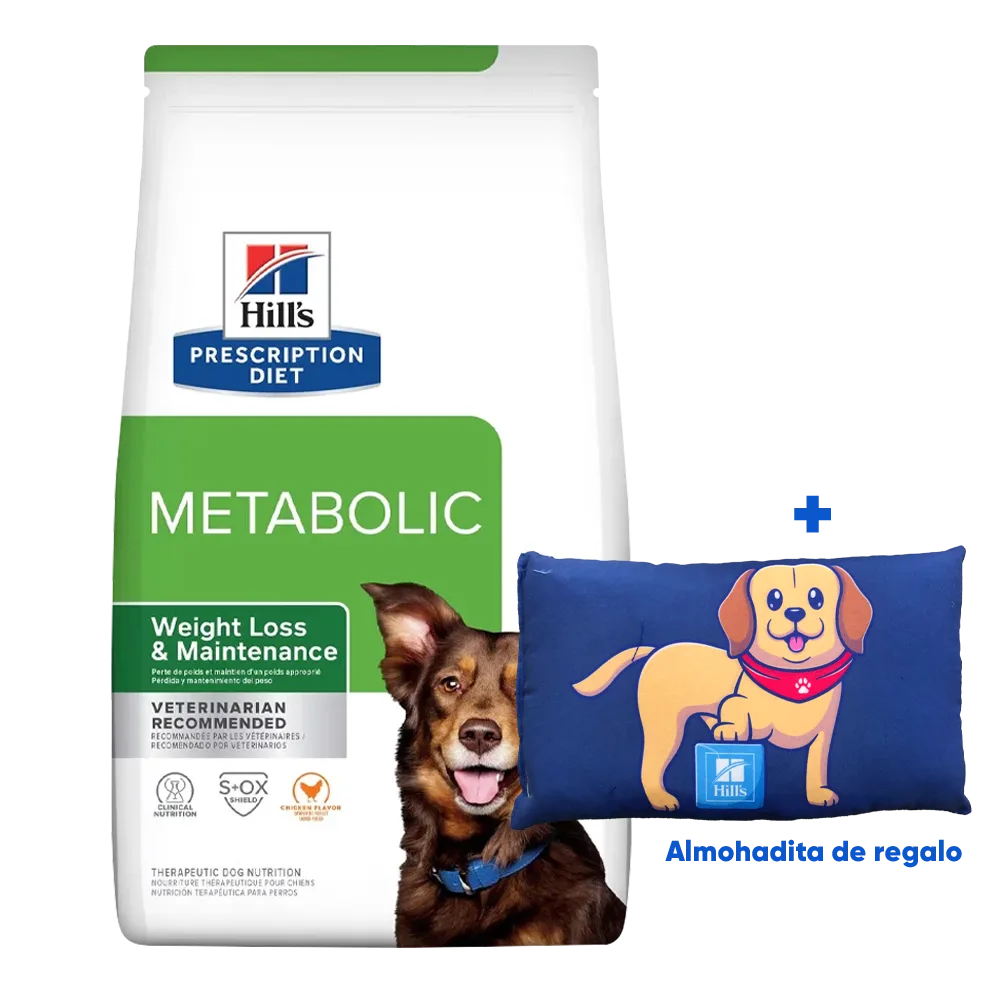 Bolsa de alimento Hill's Prescription Diet Canine Metabolic para perros con sobrepeso, la bolsa es blanca con detalles verdes en tonos claros y oscuros y un perro marrón en la parte derecha inferior