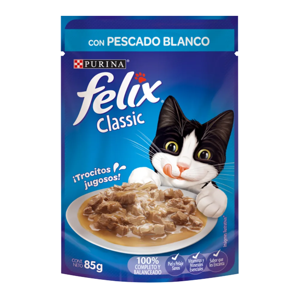 Imagen de sobre de alimento de húmedo Felix Pescado Blanco para Adultos, es de color azul y tiene la ilustración de un gato blanco con negro y un plato con trozos jugosos de pescado en frente