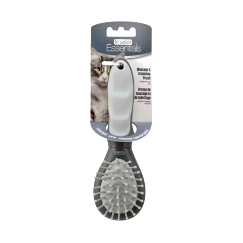 Cepillo para gatos de la marca Le Salon Essentials. Es de color blanco con gris y tiene cerdas de plástico resistente gruesas