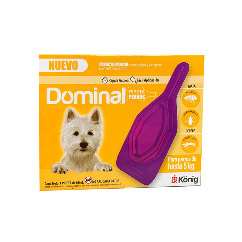 Caja amarilla de Dominal Spot On Perros de pipeta antiparasitaria externa para peros hasta 5 kilos
