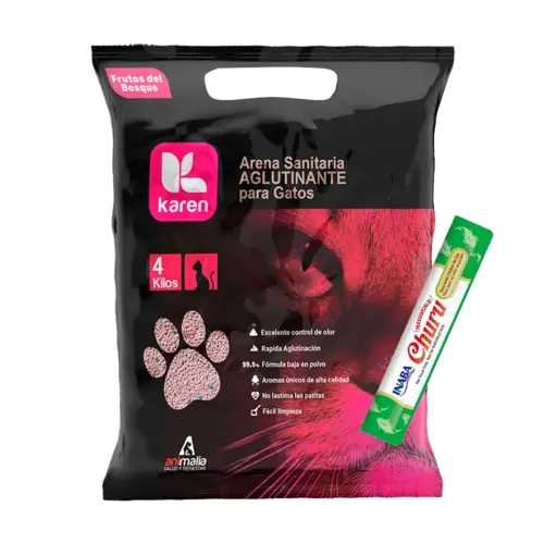 Bolsa negra con detalles rosados y la silueta de un gato en la parte derecha inferior en el mismo color, es la Arena Sanitaria Karen para gatos en aroma Frutos del Bosque