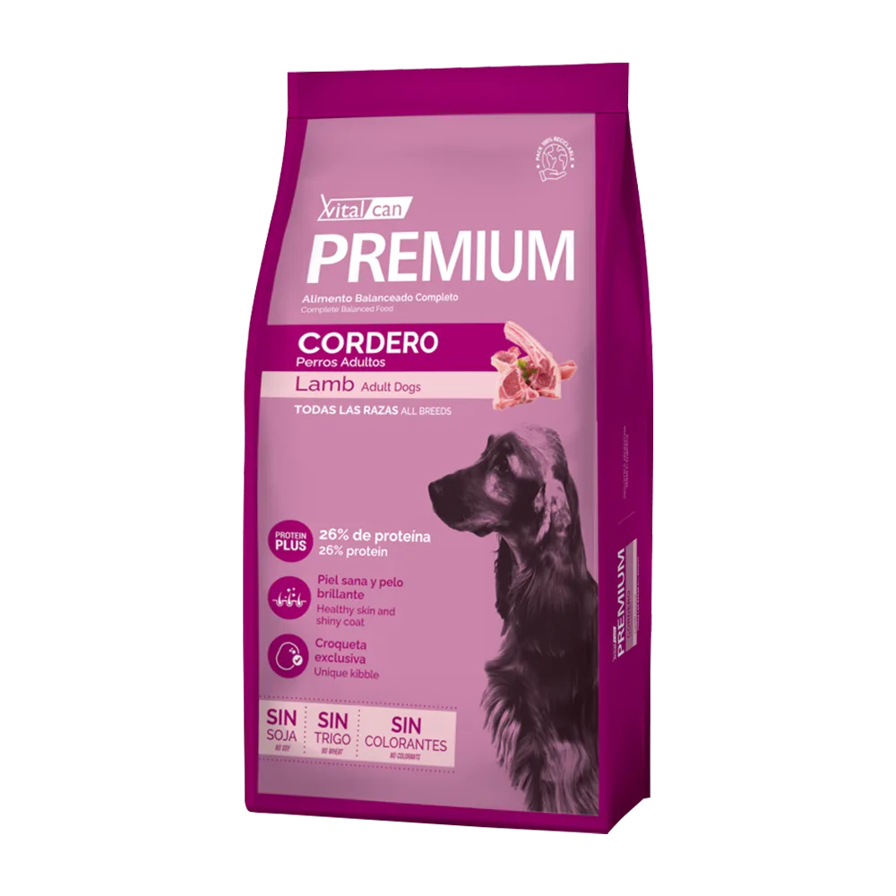 Bolsa morada de alimento para perros Premium Perro Adulto Cordero para toda raza