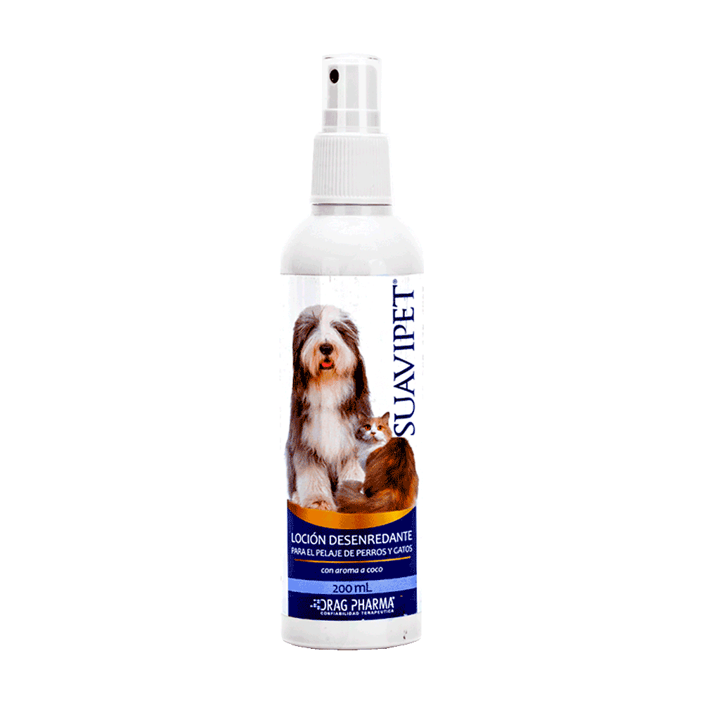 Botella blanca de spray Suavipet Solución Tópica para desenredar nudos en el pelaje de perros y gatos