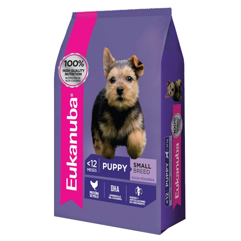 Bolsa violeta con detalles rosados de alimento Eukanuba Perro Cachorro Razas Pequeñas