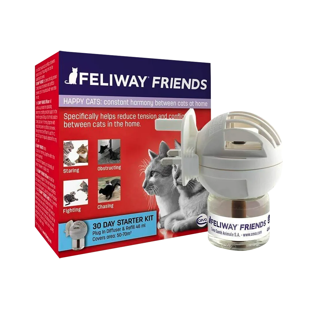 Caja color rojo con detalles azules de Feliway Friends Kit, contiene un difusor para conectar a la corriente y un recambio de producto. Son feromonas para ayudar con comportamientos indeseados o estrés en la convivencia en hogares con dos o más gatos
