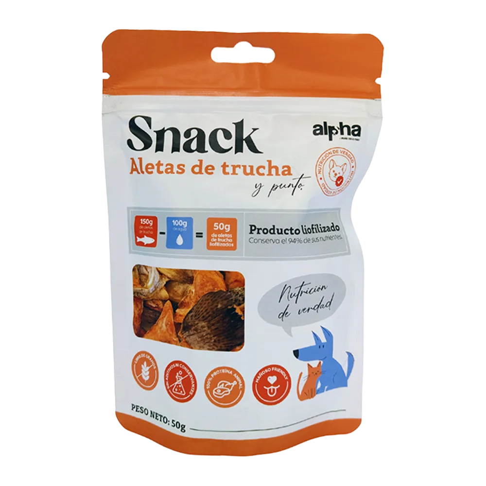 Empaque blanco con letras negras y detalles narnajas de Sanck Liofilizado Aletas de Trucha para perros y gatos de todas las edades en su presentación de 100 g.