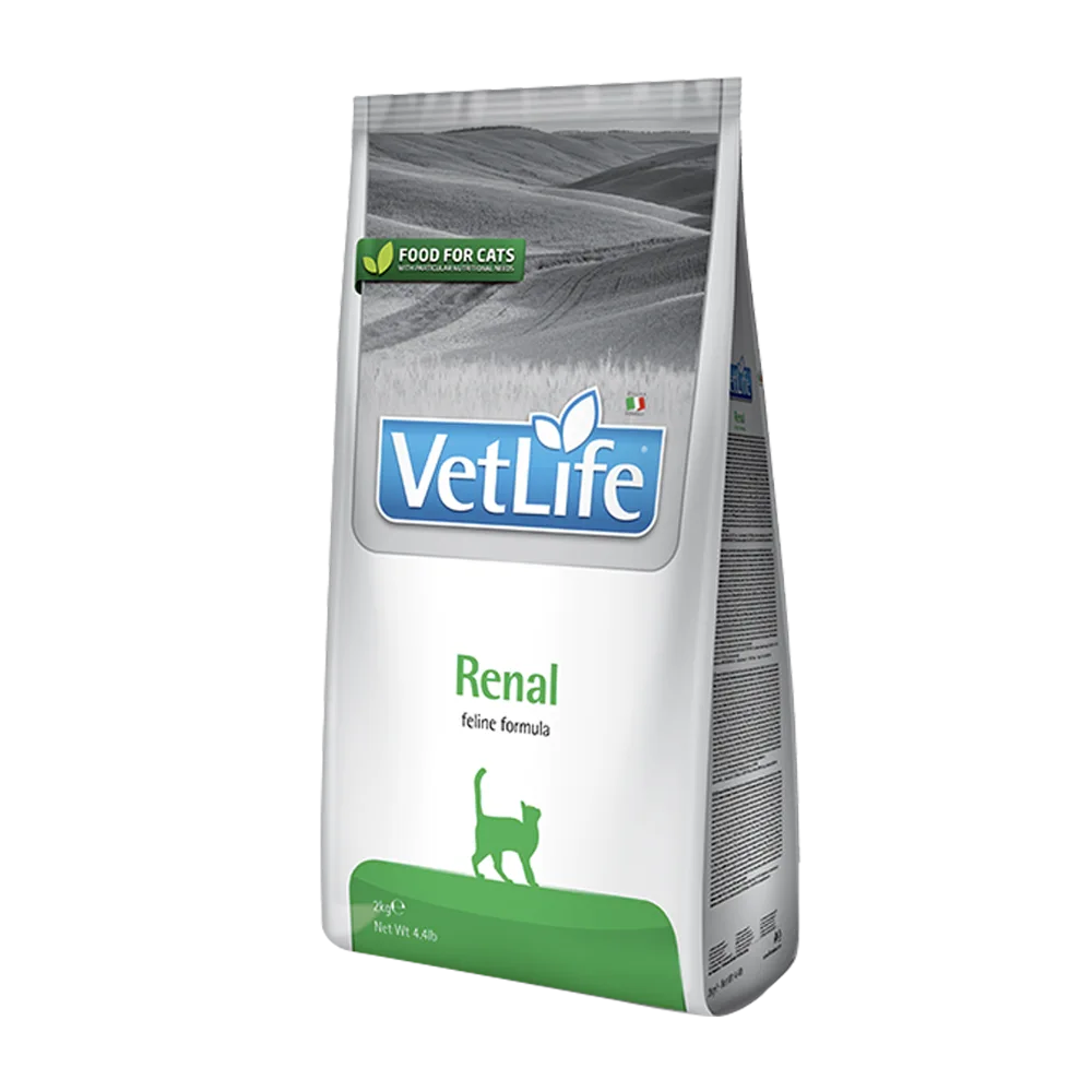 Bolsa blanca con detalles grises y verde claro y la silueta de un gato en el mismo color. Es el alimento Gato Renal de Vet Life, indicado para gatos adultos con problemas renales.