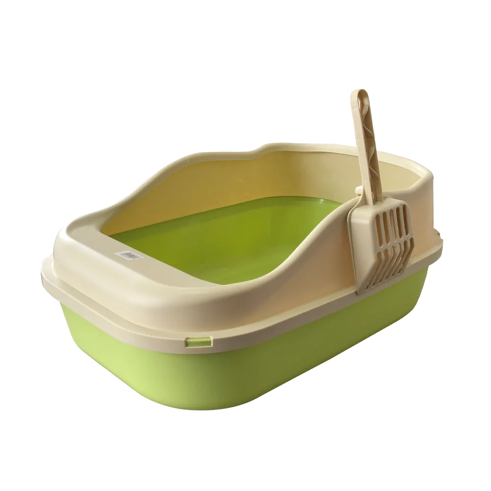 Bandeja Sanitaria para gatos de talla mediana y grande, es de color rosa y tiene un borde elevado en todo el perímetro, es de color gris. Viene con una pala gris que está colocada en uno de los bordes.