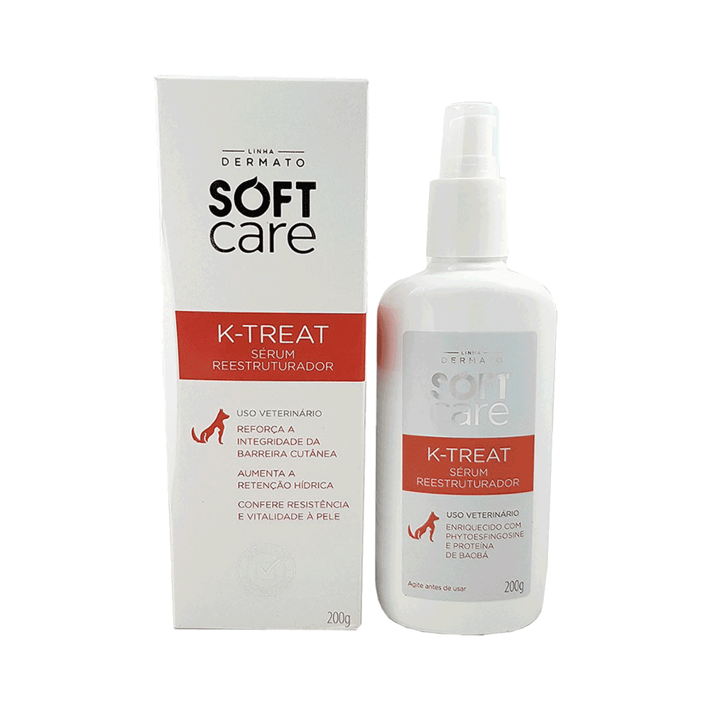 Botella pequeña blanca de Soft Care K-Treat Serum Restaurador con detalles guindos de serum en spray para restaurar la piel de tu mascota