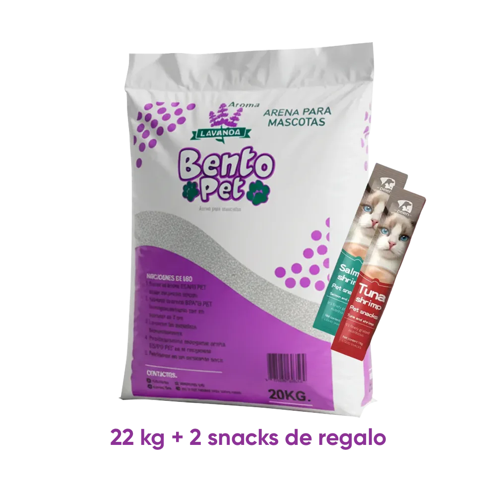 Bolsa blanca con detalles morados de Bento Pet Arena Sanitaria Lavanda. Una arena de bentonita aglomerante para gatos, en su presentación de 20 kg