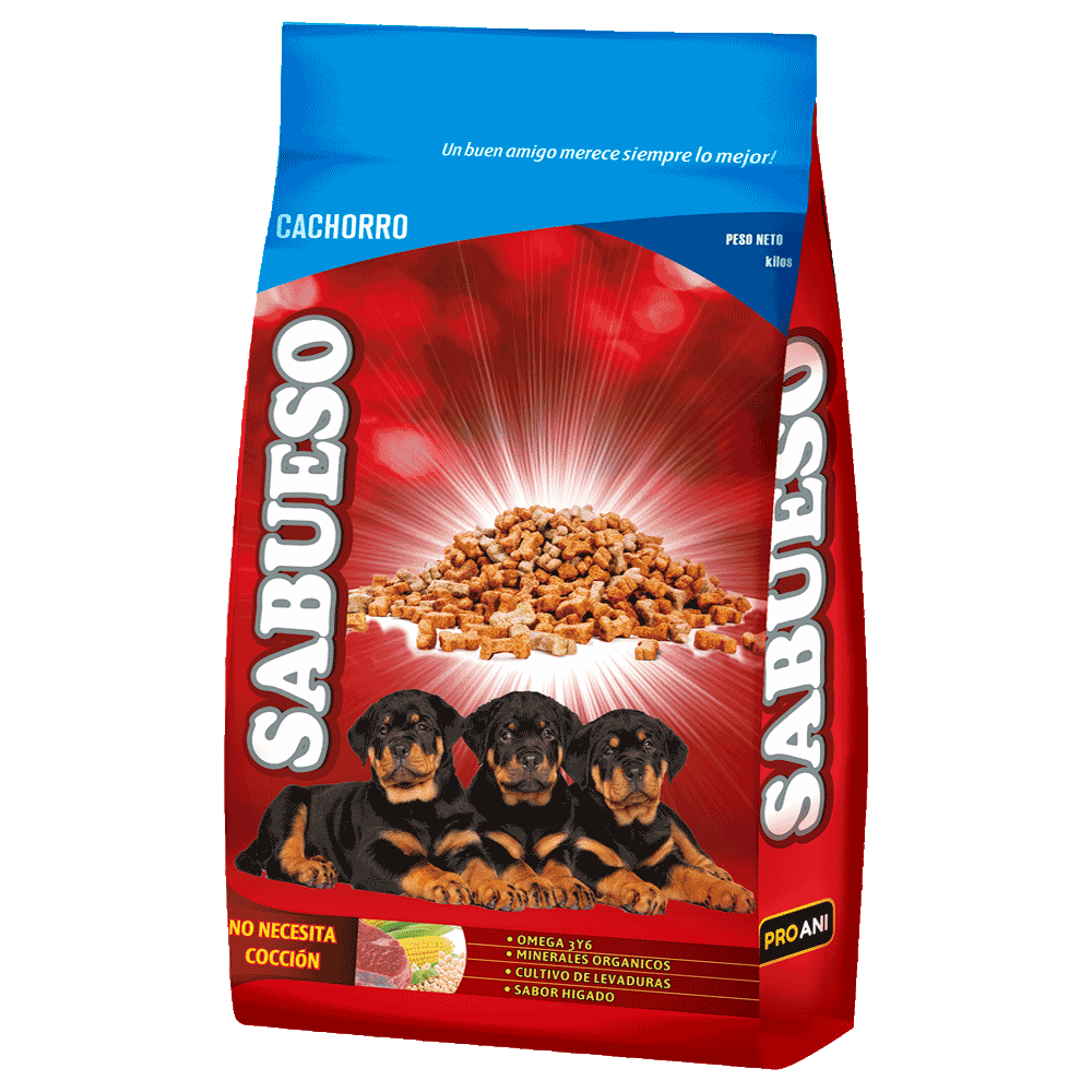 Bolsa roja con detalles azules de alimento para perros Sabueso Perro Cachorro de la marca boliviana Pro Ani