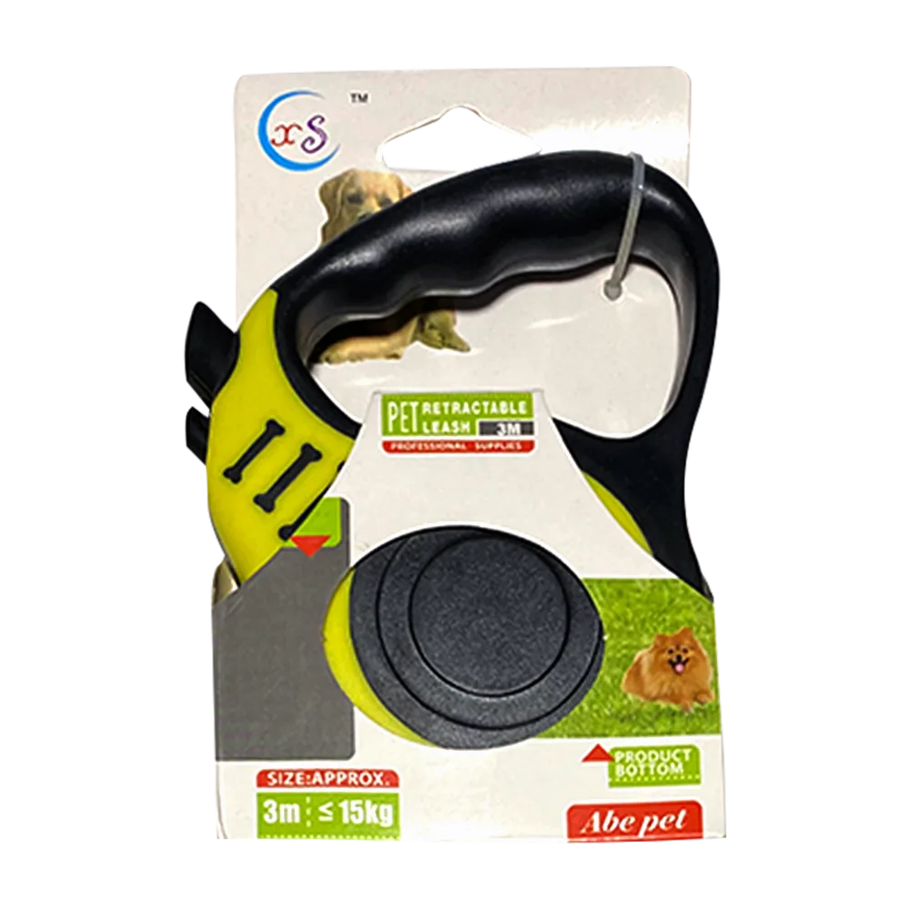 Empaque blanco de Correa Retractil para perros, es de color amarillo y tiene una manija color negro.