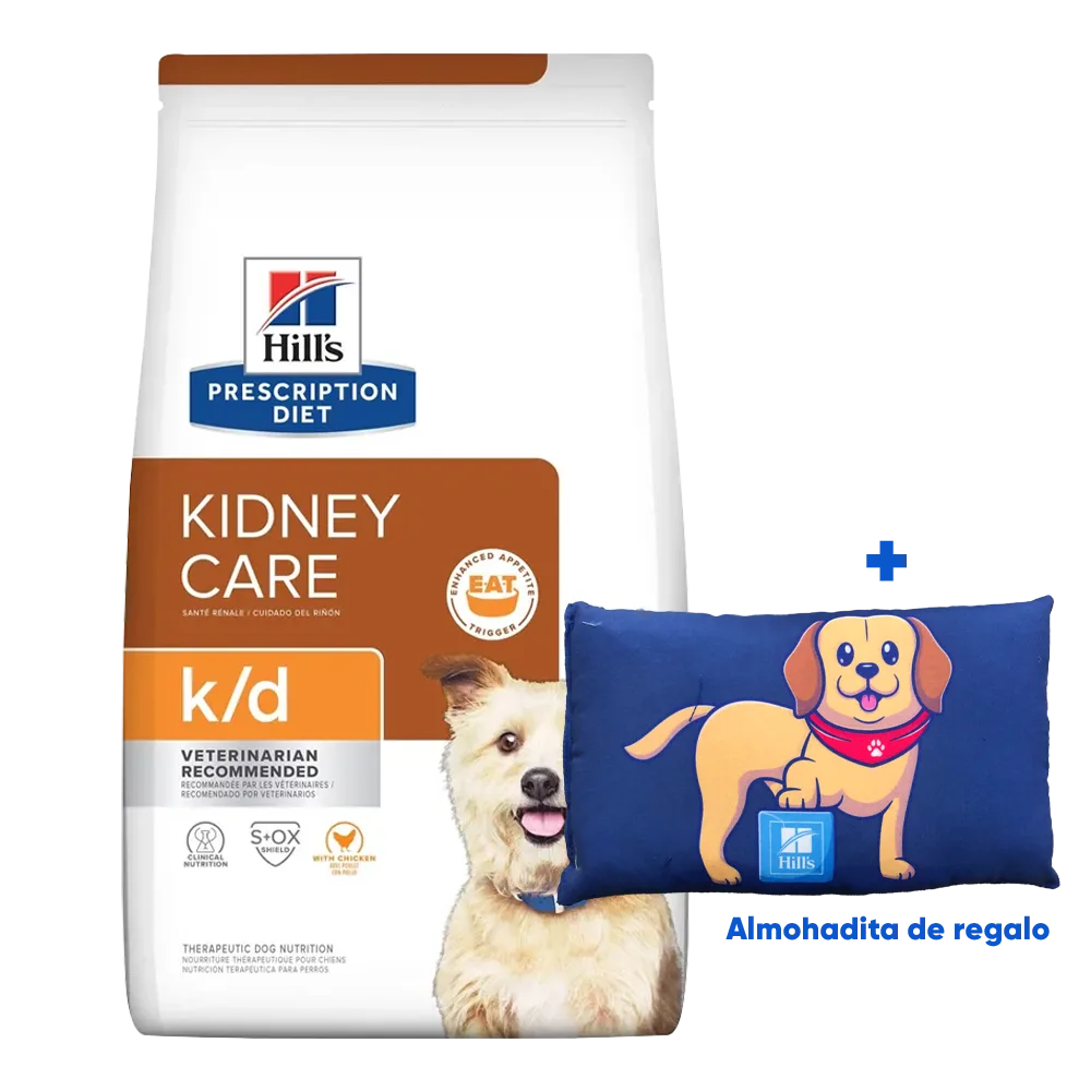 Bolsa blanca de alimento Hill's PD k/d Canine Renal Care para perros con problemas renales, la bolsa de fondo blanco tiene colores marrón y naranja, y una franja marrón en la parte superior, tiene un perro peludo de raza pequeña color beige en la esquina derecha inferior