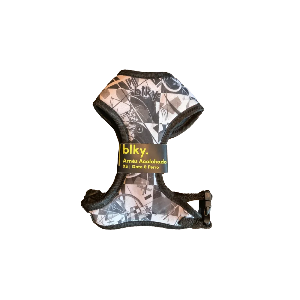 Pechera Arnés Blky Talla XS para perros pequeños con estampado "Vasili". El estampado es de color blanco y negro inspirado en el artista Vasili Kandinski