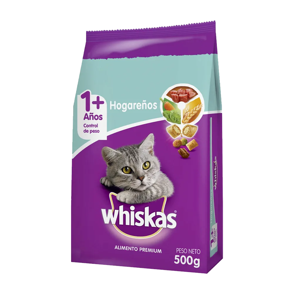 Bolsa de alimento para gato Whiskas Adulto Hogareño en su presentación de 500 gramos. Color violeta con detalles verdes claro