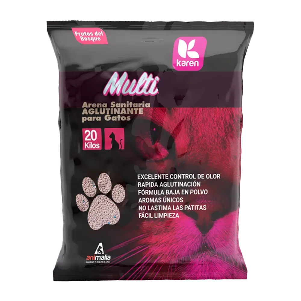 Bolsa negra con detalles rosados y la silueta de un gato en la parte derecha inferior en el mismo color, es la Arena Sanitaria Karen para gatos en aroma Frutos del Bosque