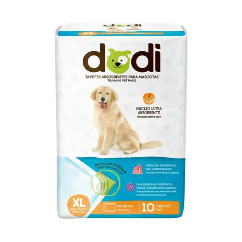 Paquete de 10 tapetes absorbentes XL para mascotas Dodot, con protección antifugas y núcleo ultra absorbente, mostrando un perro Golden Retriever sentado encima.