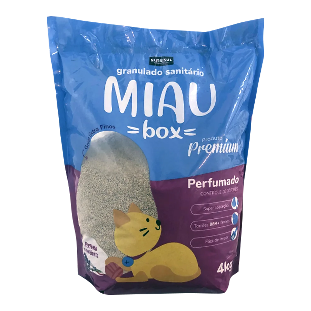 Bolsa celeste con detalles fucsia y la ilustración de un gato marrón, de Arena Sanitaria para gatos Miau Box en su presentación de 4 kg granulado fino