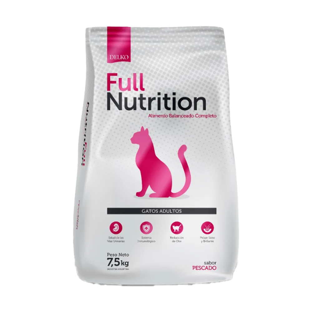Bolsa blanca con la silueta de un gato color rosa en la portada, es el alimento Full Nutrition Gato Adulto