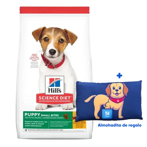 Bolsa blanca de alimento Hill's Science Diet Puppy Small Bites, es un alimento para cachorros que tiene croquetas pequeñas para perros que prefieren este tipo de bocados, la bolsa tiene una franja roja en la parte superior y detalles en color verde brillante y un perro cachorro de raza fox terrier