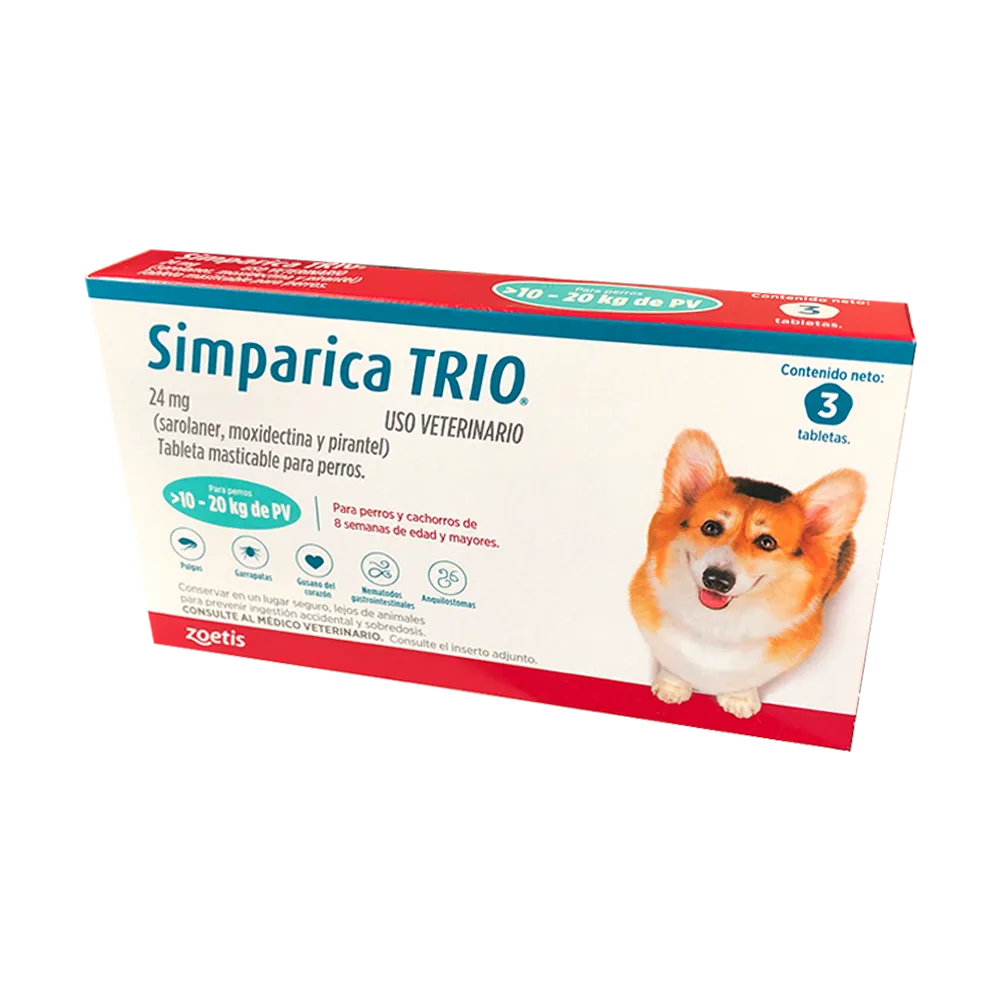 Caja blanca rectangular con una franja rojiza en la base y una calipso en la parte superior y un perro de raza corgi en la portada del antiparasitario para perros Simparica TRIO 10 a 20 kg de peso.