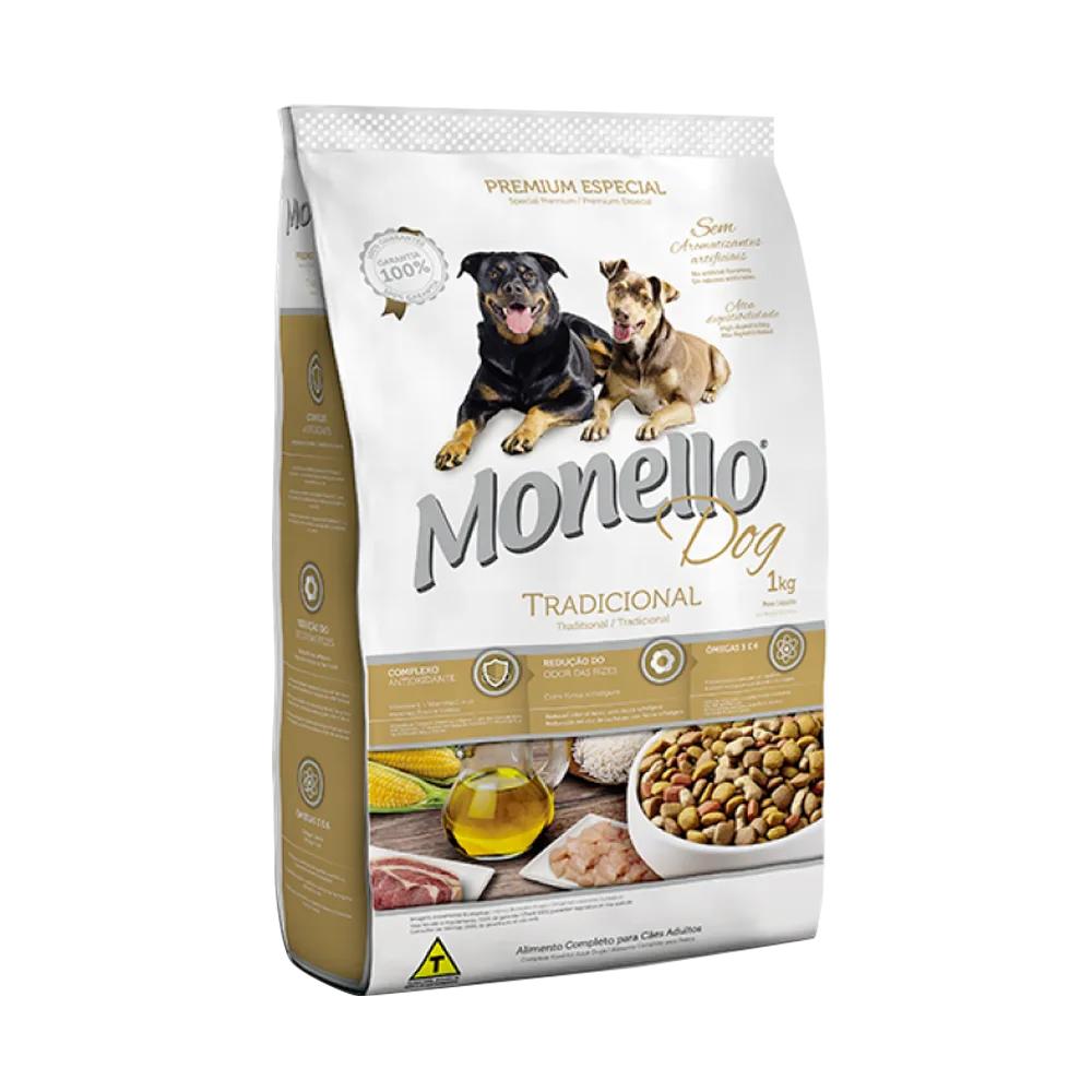 Bolsa de alimento balanceado Monello Perro Tradicional en su presentación de 25 kilos. Es de color blanco con detalles marrón claro. Tiene la fotografía de un perro encima del logo.