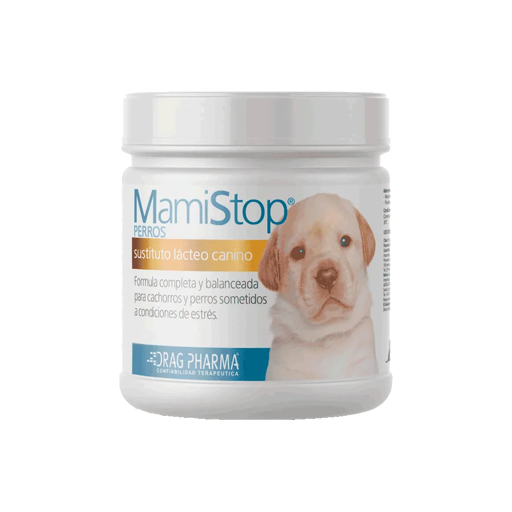 Frasco color blanco con detalles celestes de MamiStop Perro para sustituir la leche materna en cachorros huérfanos