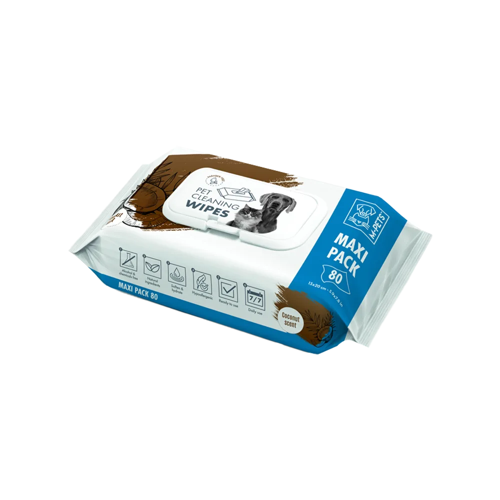Empaque blanco con detalles marrones de Paños Húmedos de Limpieza M-Pets en su presentación aroma a coco. Tiene un detalle color azul al costado derecho que dice "Maxi Pack 80".