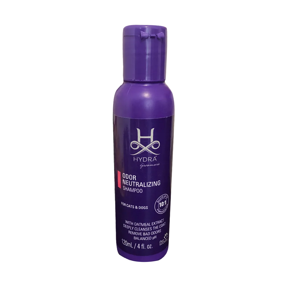 Botella violeta de shampoo para mascotas olorosas de Hydra Groomers Odor Neutralizing Shampoo de 120 mL
