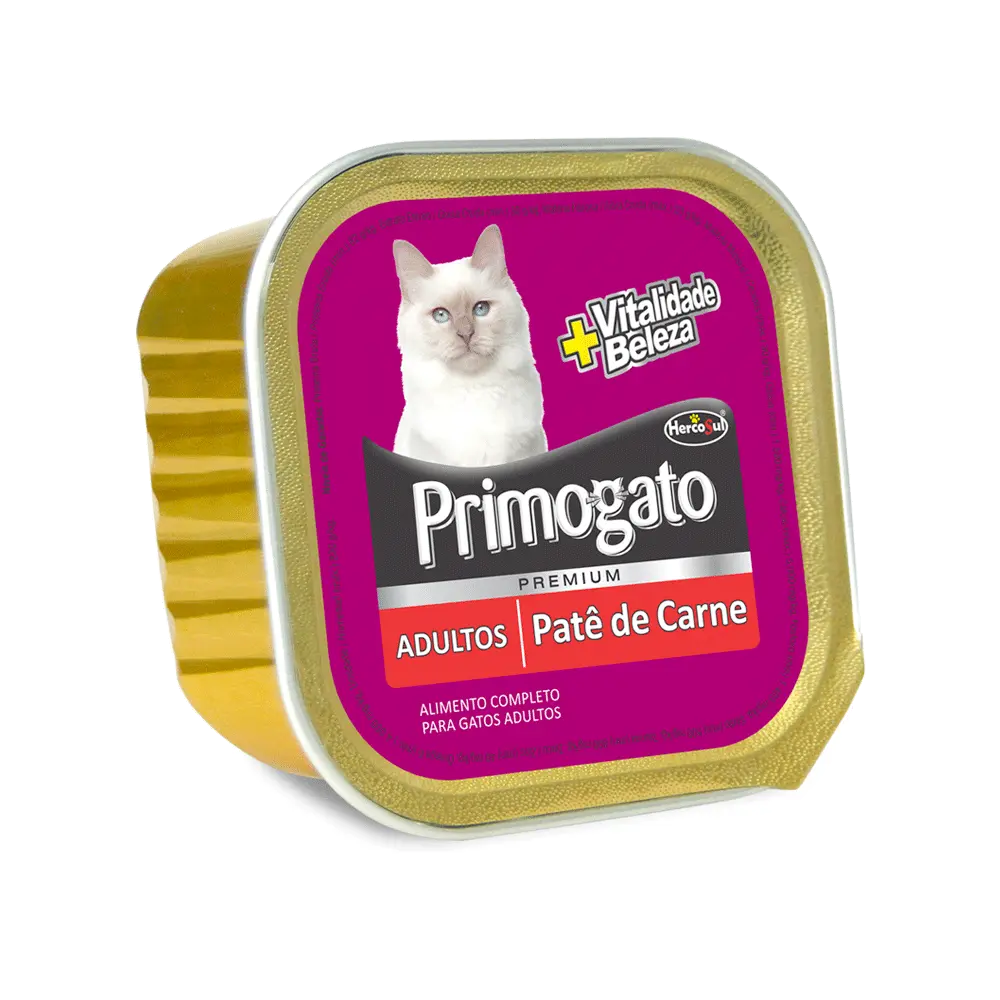 Lata de Primogato Pate de Carne para gatos adultos. Es de color bronce y en la parte superior tiene una etiqueta de color violega con la fotografía de un gato blanco con ojos celestes.