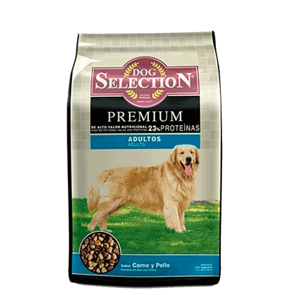 Bolsa de 21 kilos de alimento para perros adultos de la linea Dog Selection color dorada con verde can la imagen de un perro labrador