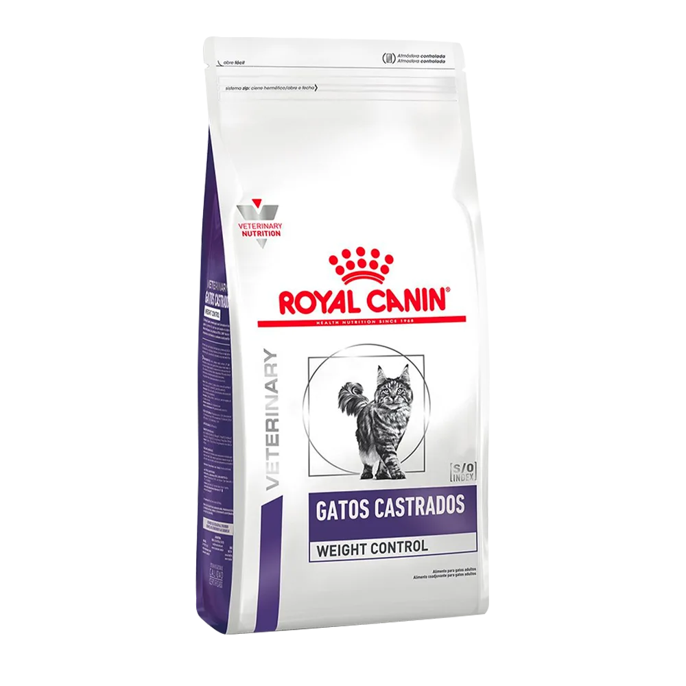 Bolsa blanca con detalles morados y un gato peludo en blanco y negro en la portada del alimento Royal Canin Gato Castrado, son croquetas para gatos castrados o con tendencia al aumento de peso