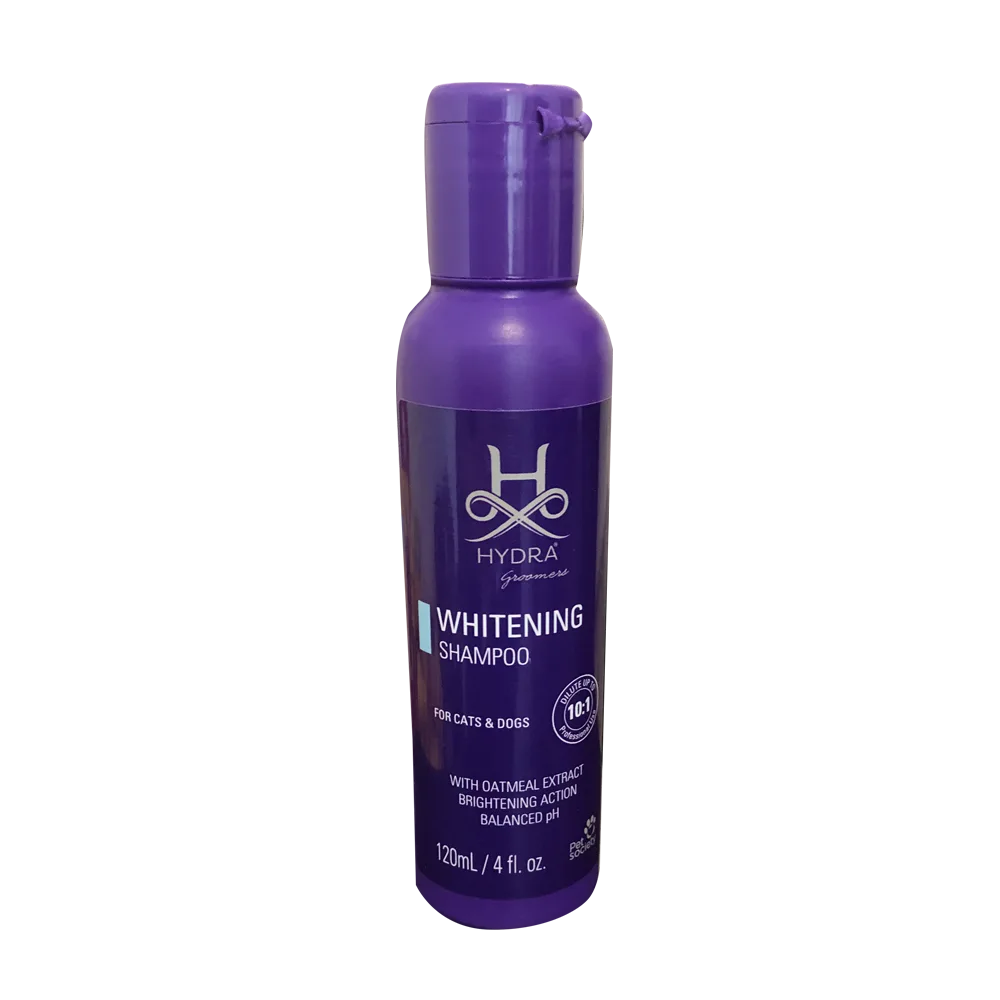 Botella violeta de shampoo para pelajes blancos de Hydra Groomers Whitening Shampoo de 120 mL