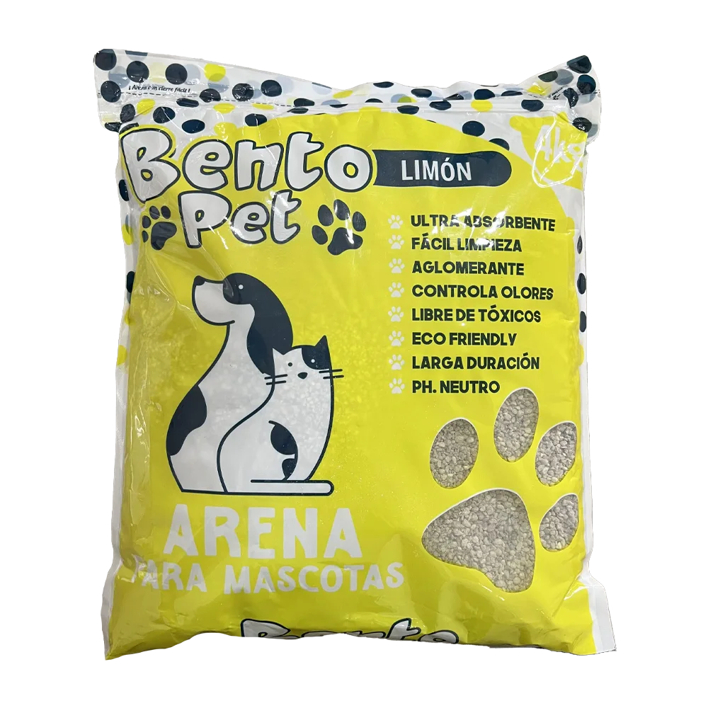 Bolsa blanca con detalles amarillos de Bento Pet Arena Sanitaria Lavanda. Una arena de bentonita aglomerante para gatos, en su presentación de 20 kg
