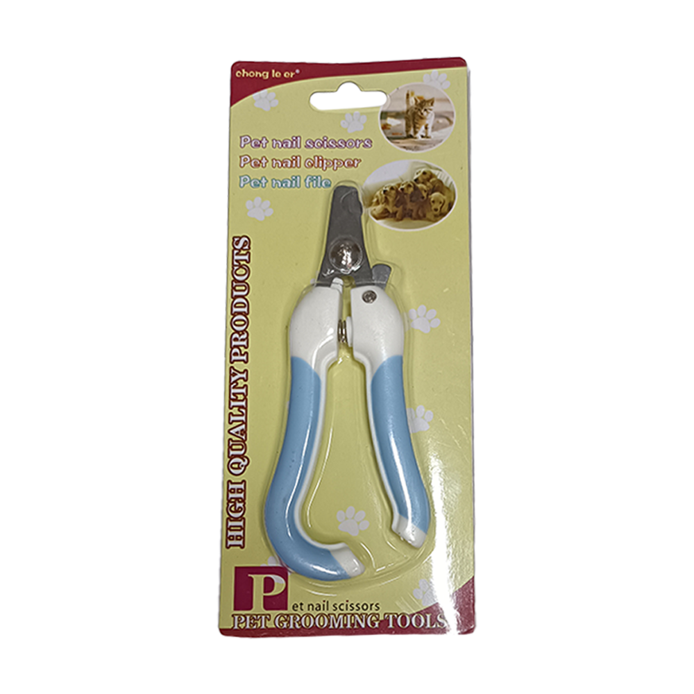 Imagen de cortauñas mediano azul de marca genérica. Está en un envase de cartón con cobertura de plástico. El cortauñas es azul con detalles blanco.