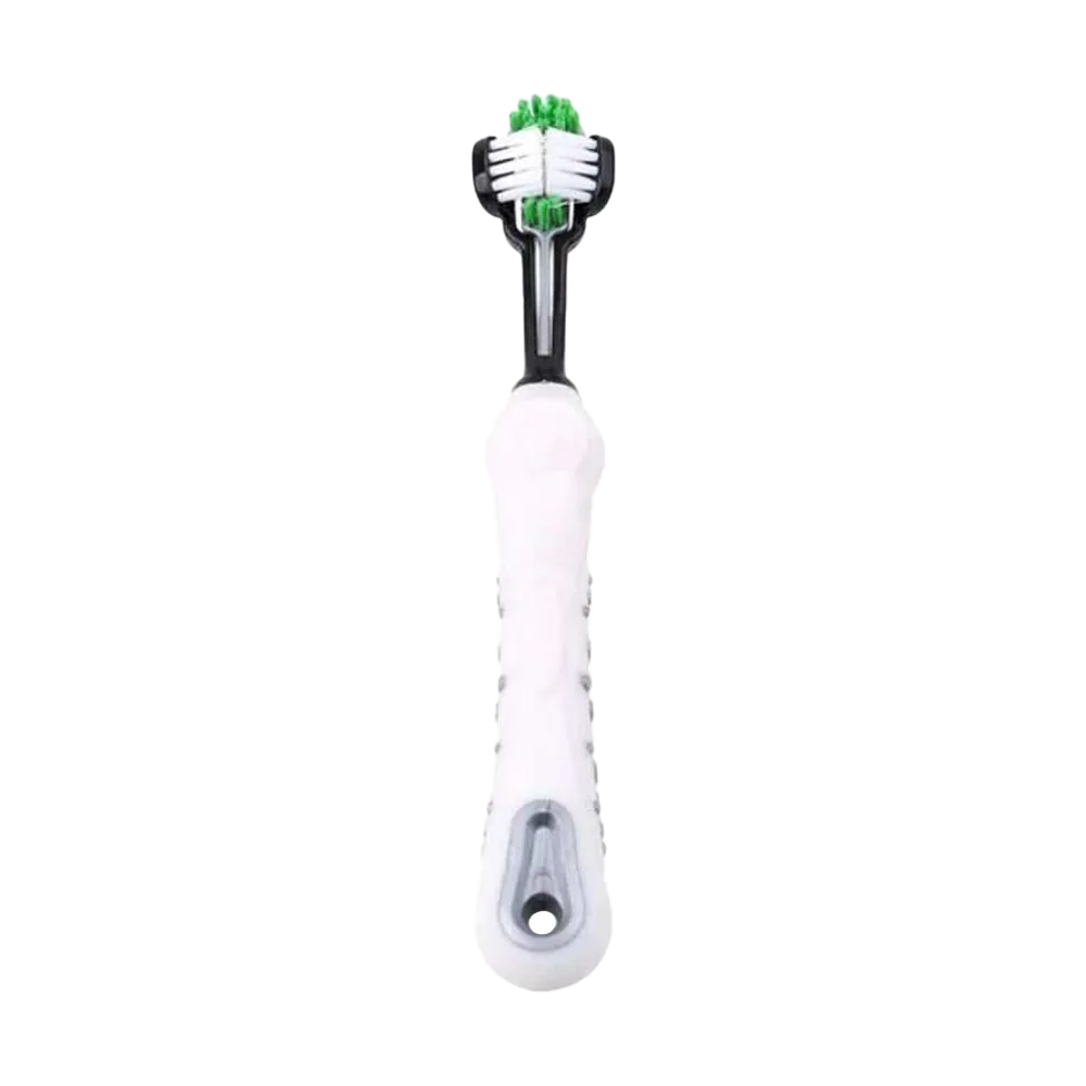 Imagen del Cepillo de Dientes de 3 Cabezas de la línea M-Pets. Es un cepillo dental para perros con mango plástico color blanco con detalles grises, tiene tres cabezas de cerdas en la parte superior.