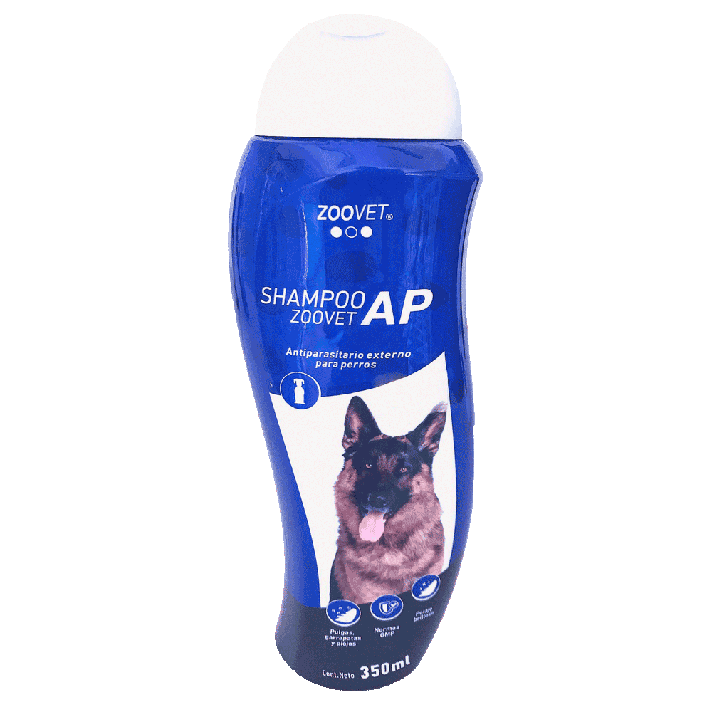 Botella azul con detalles blancos de Zoovet Shampoo AP antiparasitario para perros y gatos