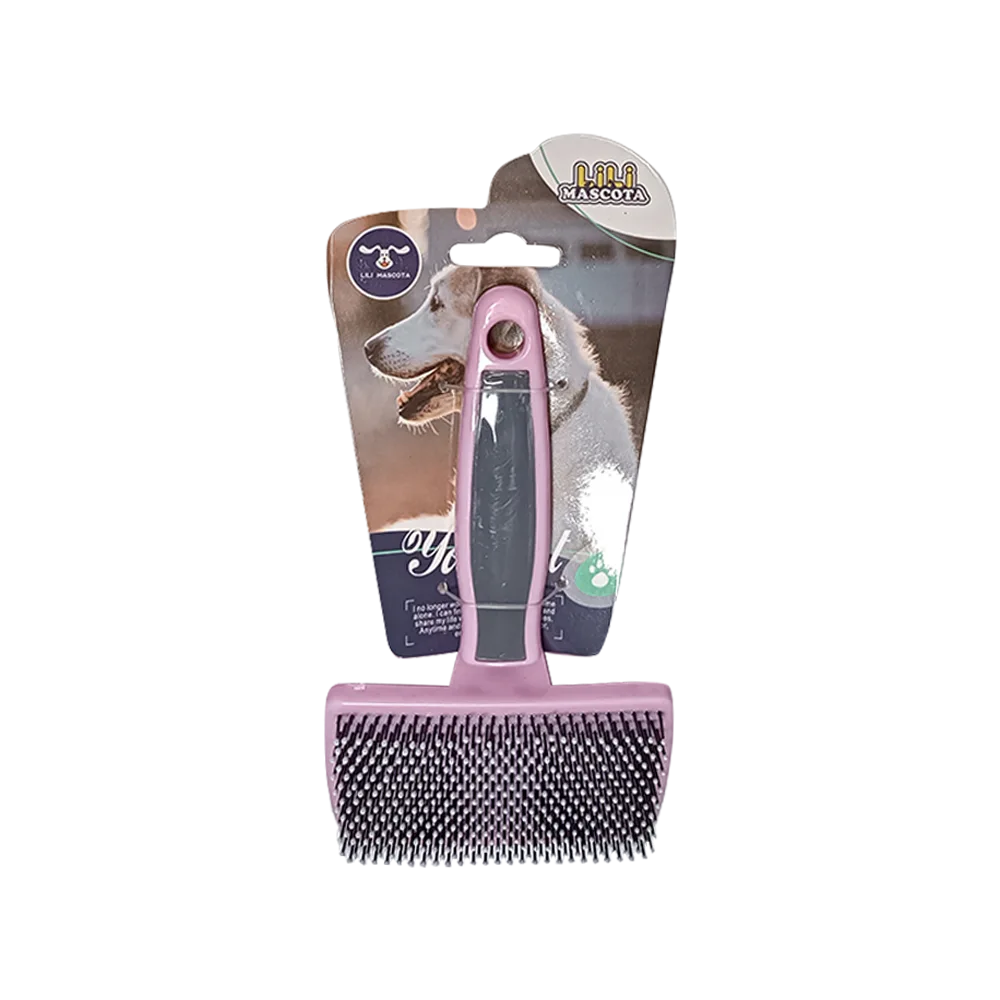 Imagen de Peine Rectangular para mascotas en su empaque original, es de color rosado y tiene cerdas plásticas de color negro recubiertas en la punta