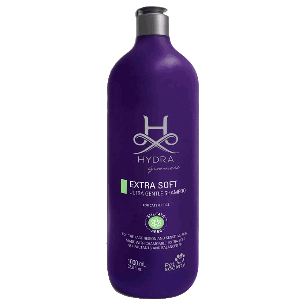 Botella violeta de shampoo para mascotas con pieles sensibles de Hydra Groomers Extra Soft Shampoo