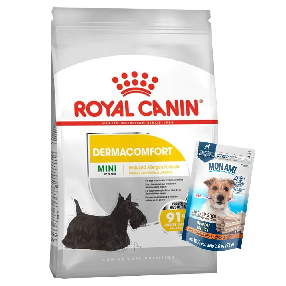 Bolsa blanca con detalles plateados, rojos y amarillos de alimento Royal Canin Mini Dermacomfort para perros pequeños con problemas en la piel 