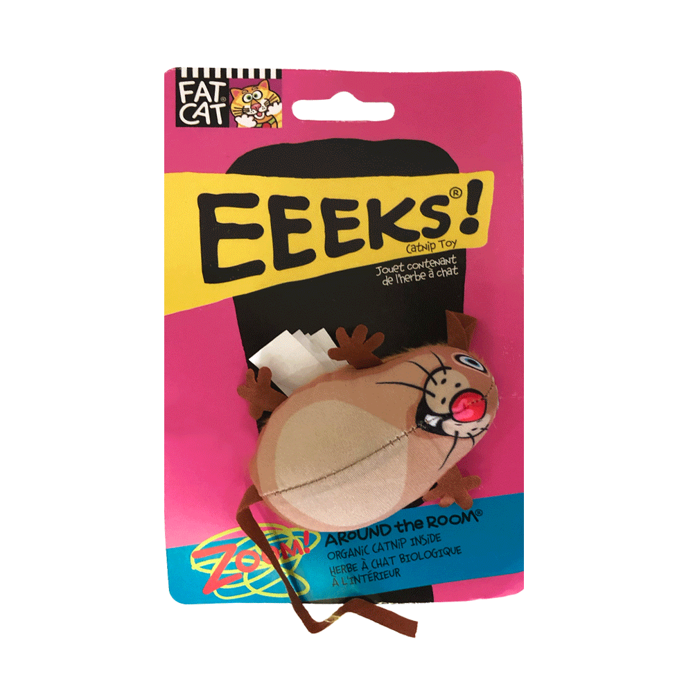 Empaque rosa con detalles azules de Ratón con Catnip Fat Cat color marrón 